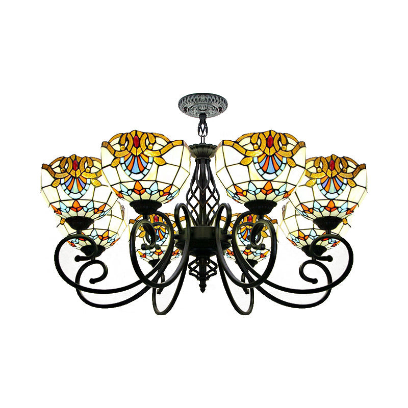 Baroque Chandelier Light with Bowl Shade Blue/Brown Glass Hanging Ceiling Light in Black Finish for Foyer Clearhalo 'Ceiling Lights' 'Chandeliers' 'Industrial' 'Middle Century Chandeliers' 'Tiffany Chandeliers' 'Tiffany close to ceiling' 'Tiffany' Lighting' 175704