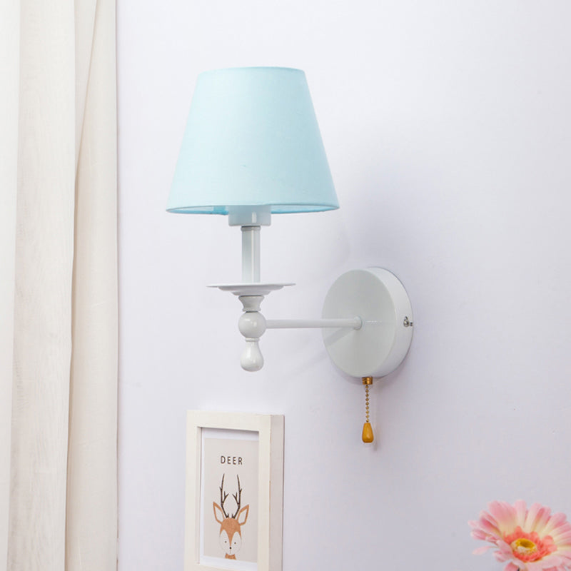 Fabric Tapered Shade Wall Light with Pull Chain Dining Room One Light Modern Sconce Light in Blue Blue Straight Clearhalo 'Wall Lamps & Sconces' 'Wall Lights' Lighting' 175871