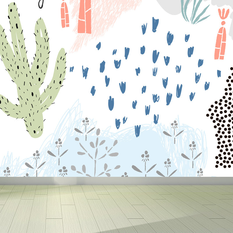 Pastel Plants Drawing Mural Decal Botanical Childrens Art Wall Decor for Nursery White Clearhalo 'Wall Decor' 'Wall Mural' 1758776