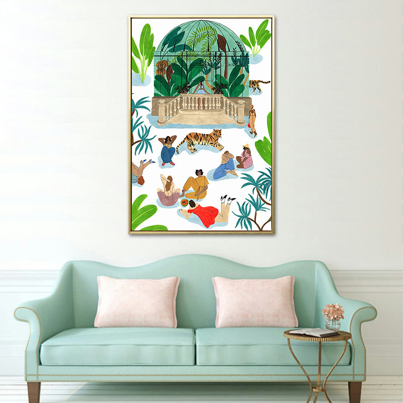 Green Figures and Tiger Painting Textured Nordic Style Dining Room Wall Art Decor Clearhalo 'Arts' 'Canvas Art' 1760129