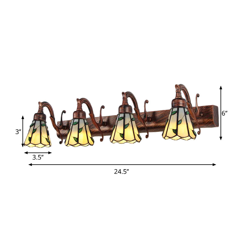 Rustic Bathroom Lighting with Leaf Pattern Stained Glass 4 Lights Wall Sconce Lamp in Copper/Antique Brass/Beige Clearhalo 'Industrial' 'Middle century wall lights' 'Tiffany wall lights' 'Tiffany' 'Wall Lamps & Sconces' 'Wall Lights' Lighting' 176117