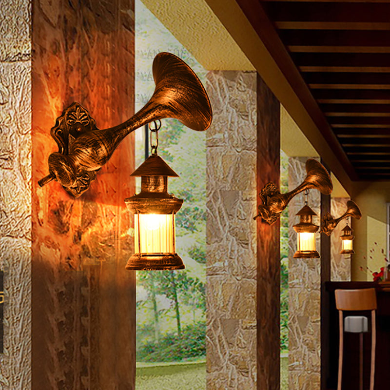 Clear Glass Rust Sconce Light Kerosene 1-Light Industrial Wall Lamp Fixture for Porch with Trumpet Clearhalo 'Art deco wall lights' 'Cast Iron' 'Glass' 'Industrial wall lights' 'Industrial' 'Middle century wall lights' 'Modern' 'Rustic wall lights' 'Tiffany' 'Traditional wall lights' 'Wall Lamps & Sconces' 'Wall Lights' Lighting' 176123