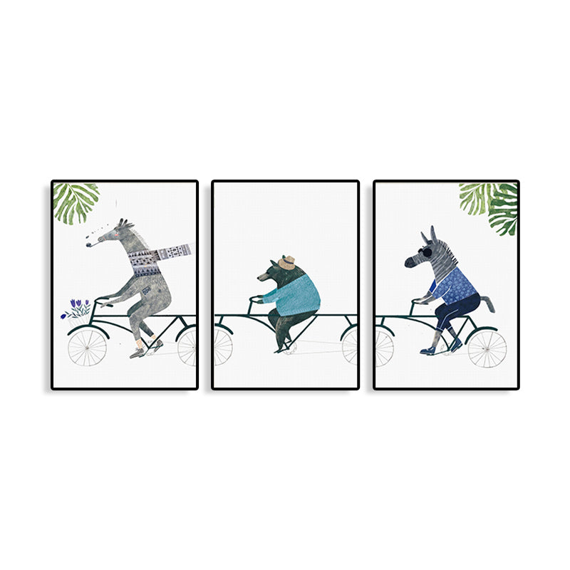 Animals Riding Bicycle Canvas Textured Cartoon Childrens Room Wall Art, Multi-Piece Clearhalo 'Art Gallery' 'Canvas Art' 'Kids' Arts' 1761730
