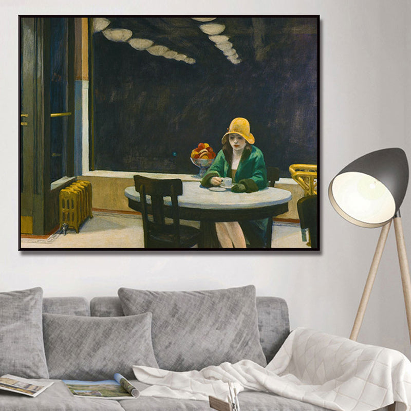 Nordic Figure Canvas Wall Art Black Woman Waiting in Cafe Painting for Sitting Room Clearhalo 'Arts' 'Canvas Art' 1762144