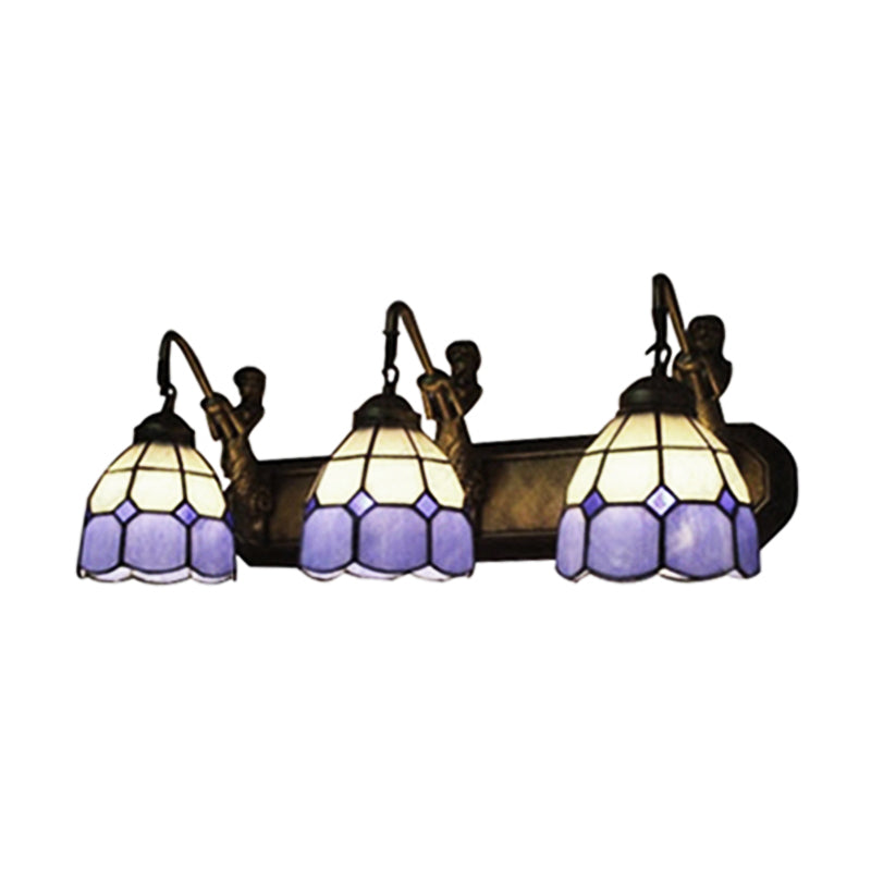 Blue Glass Grid Patterned Sconce Light Tiffany 3 Heads Antique Brass Wall Mounted Light Clearhalo 'Industrial' 'Middle century wall lights' 'Tiffany wall lights' 'Tiffany' 'Wall Lamps & Sconces' 'Wall Lights' Lighting' 176215