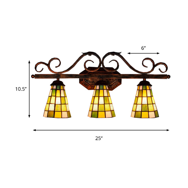 Black/Green/Blue Glass Pattern Bell Sconce Lamp 3 Bulbs Tiffany Antique Wall Light for Living Room Clearhalo 'Industrial' 'Middle century wall lights' 'Tiffany wall lights' 'Tiffany' 'Wall Lamps & Sconces' 'Wall Lights' Lighting' 176283