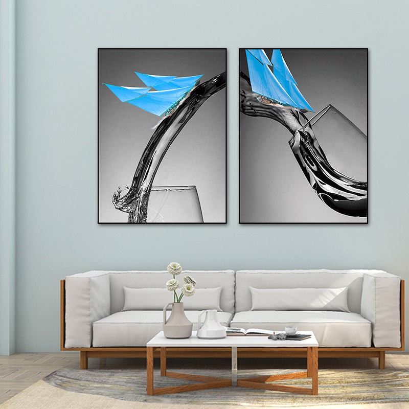 Dark Color Modern Canvas Mixed Media Paper Boat and Wine Glass Wall Art for Dining Room Clearhalo 'Art Gallery' 'Canvas Art' 'Contemporary Art Gallery' 'Modern' Arts' 1765838