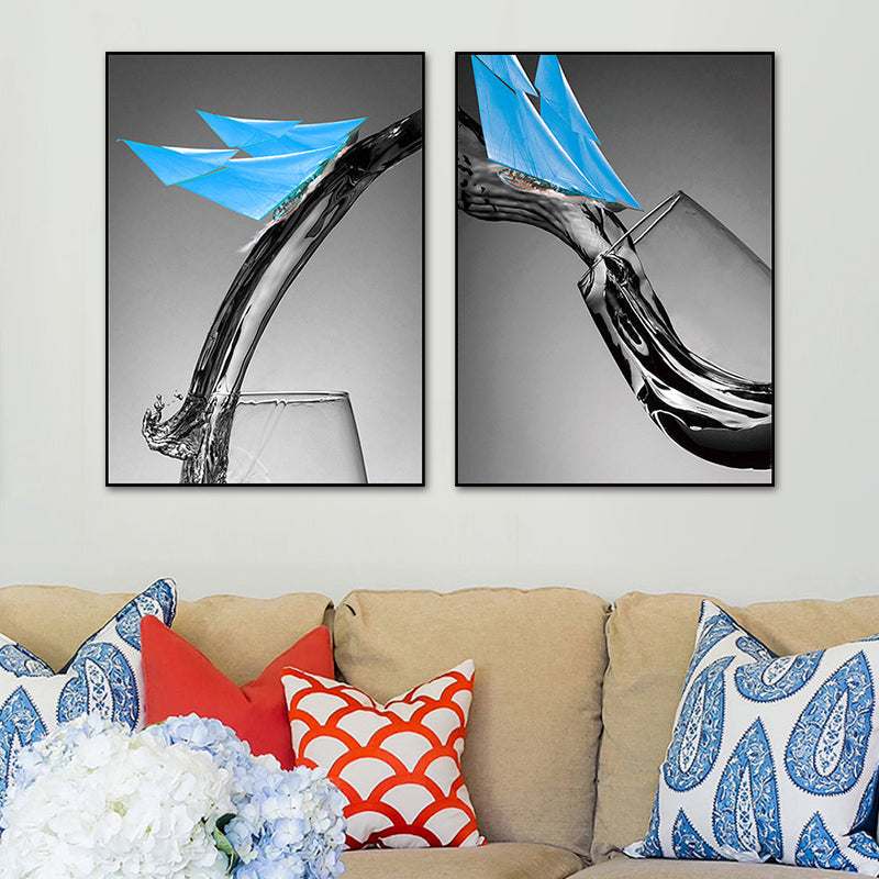 Dark Color Modern Canvas Mixed Media Paper Boat and Wine Glass Wall Art for Dining Room Clearhalo 'Art Gallery' 'Canvas Art' 'Contemporary Art Gallery' 'Modern' Arts' 1765839