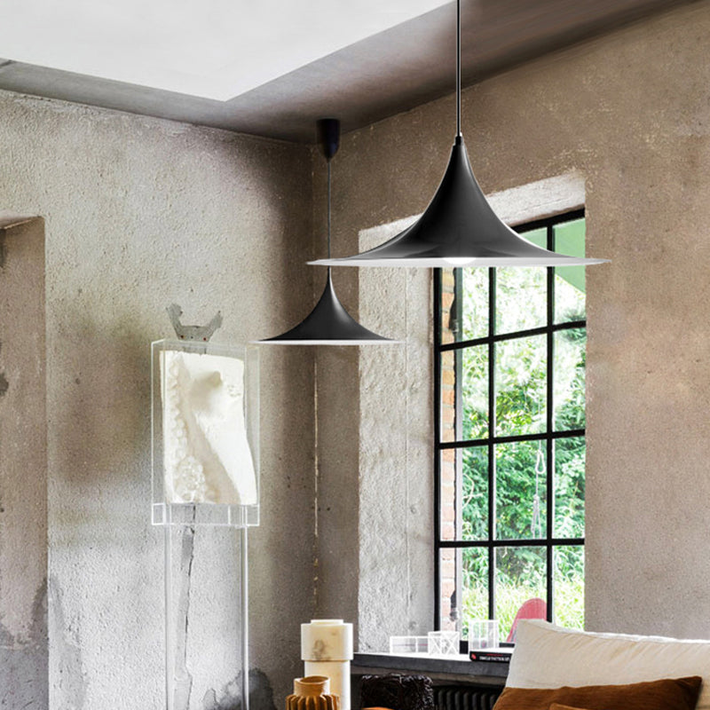 16"/19"W Trumpet Pendant Lighting Simplicity Metal 1 Light Black/Grey/White Hanging Light Black Clearhalo 'Ceiling Lights' 'Modern Pendants' 'Modern' 'Pendant Lights' 'Pendants' Lighting' 176602