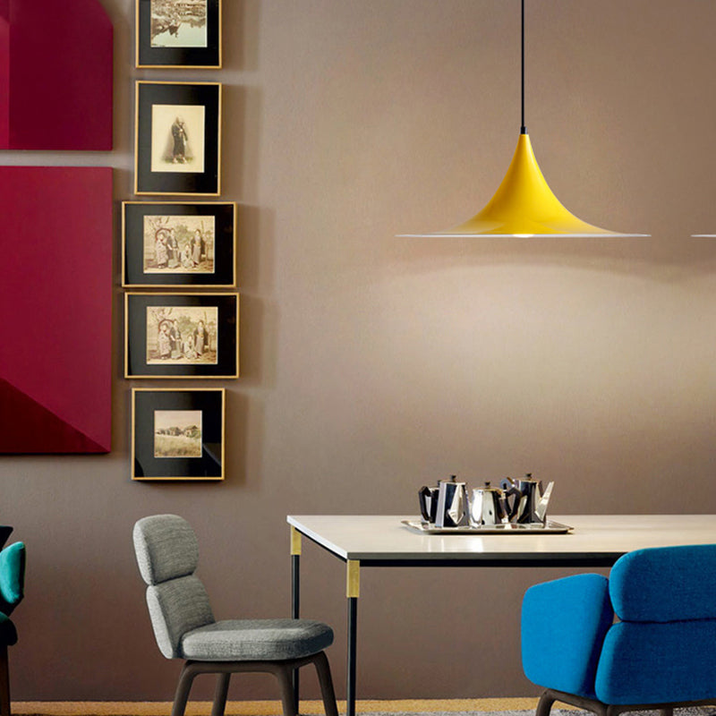 16"/19"W Trumpet Pendant Lighting Simplicity Metal 1 Light Black/Grey/White Hanging Light Yellow Clearhalo 'Ceiling Lights' 'Modern Pendants' 'Modern' 'Pendant Lights' 'Pendants' Lighting' 176609