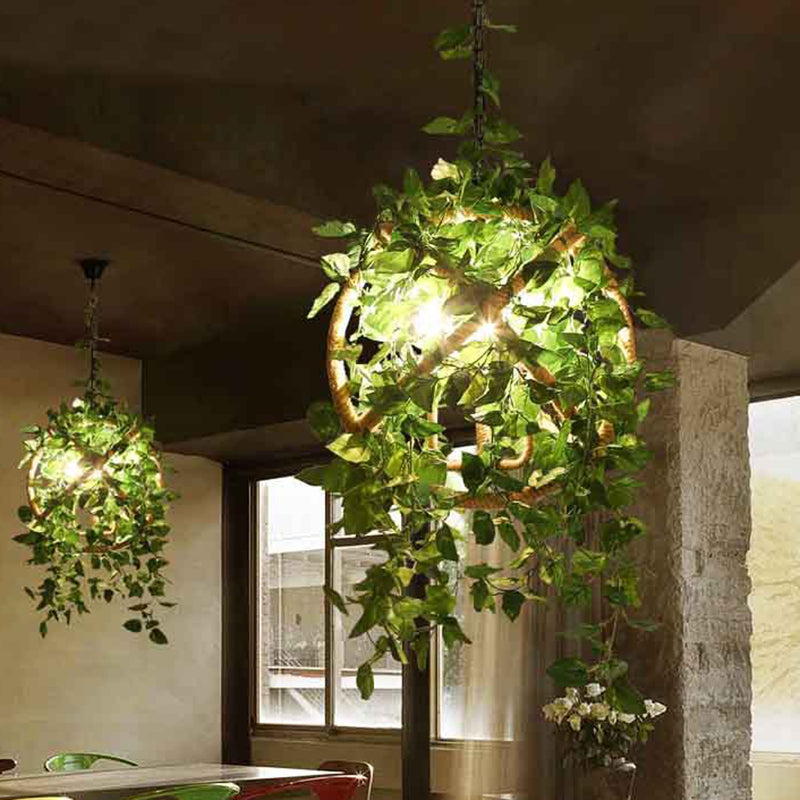 Red/Green 3-Head Ceiling Chandelier Industrial Rope Orb Cage Hanging Pendant Light with Fake Plant/Cherry Deco Clearhalo 'Ceiling Lights' 'Chandeliers' Lighting' options 1770960