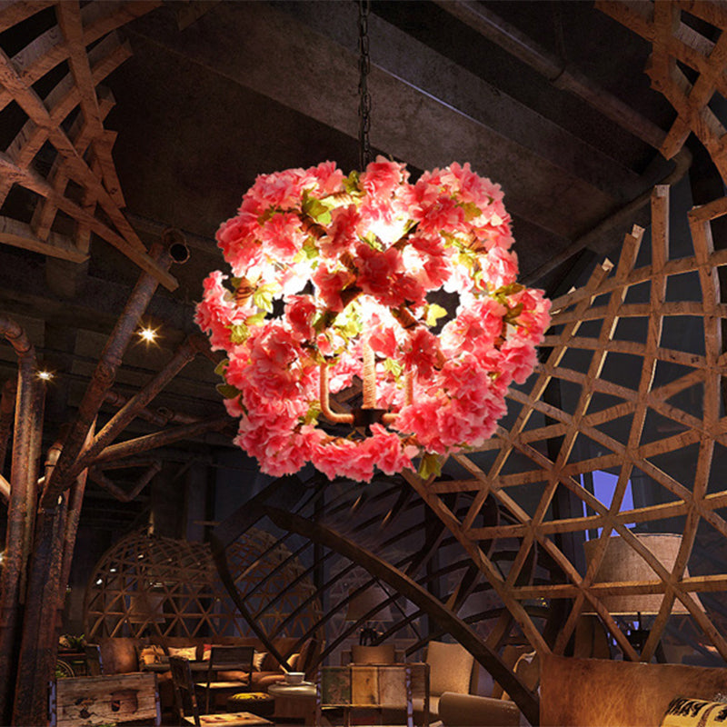 Red/Green 3-Head Ceiling Chandelier Industrial Rope Orb Cage Hanging Pendant Light with Fake Plant/Cherry Deco Clearhalo 'Ceiling Lights' 'Chandeliers' Lighting' options 1770966