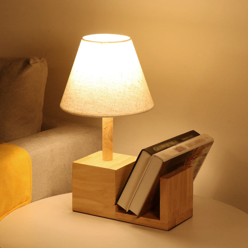 Tapered Fabric Night Table Light Contemporary 1 Head White Desk Lighting with Wood Shelf Base Clearhalo 'Lamps' 'Table Lamps' Lighting' 1771177