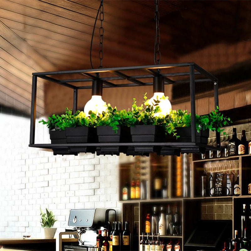 Black/White Rectangle Island Lamp Factory Metallic 2 Lights Living Room Hanging Light Fixture with Artificial Plant Deco Clearhalo 'Ceiling Lights' 'Island Lights' Lighting' 1771267