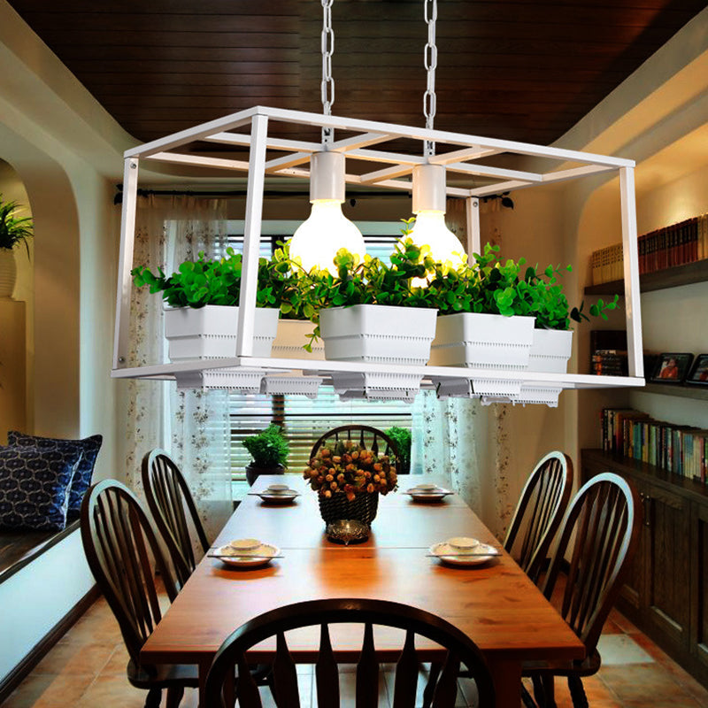 Black/White Rectangle Island Lamp Factory Metallic 2 Lights Living Room Hanging Light Fixture with Artificial Plant Deco White Clearhalo 'Ceiling Lights' 'Island Lights' Lighting' 1771270