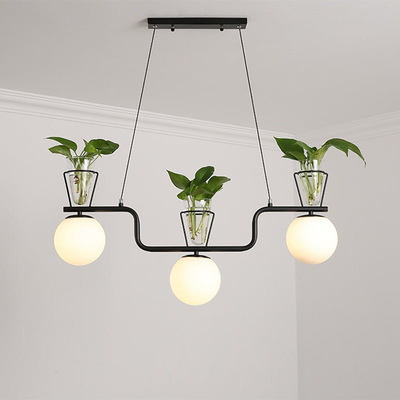 Black 3-Bulb Island Light Fixture Industrial Opal Glass Globe Pendant Lamp with Clear Glass Pot Clearhalo 'Ceiling Lights' 'Glass shade' 'Glass' 'Island Lights' 'Pendant Lights' Lighting' 1771364