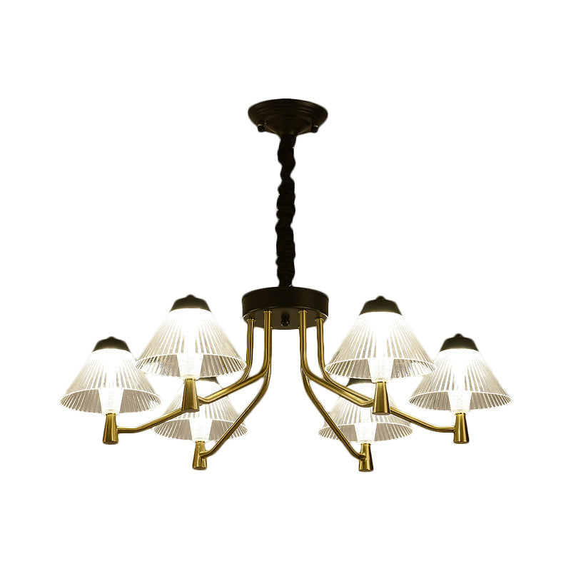 Black LED Conical Down Lighting Simple Ribbed Glass Chandelier Light Fixture for Bedroom Clearhalo 'Ceiling Lights' 'Chandeliers' 'Modern Chandeliers' 'Modern' Lighting' 1771503