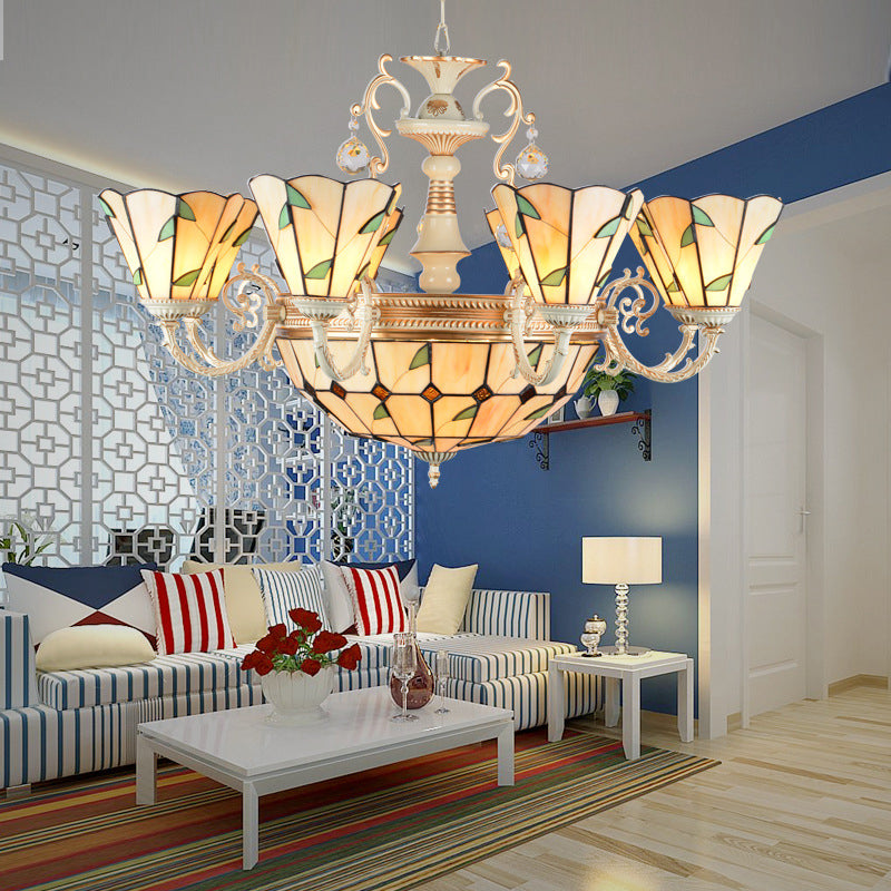 9/11 Lights Leaf Indoor Pendant Light with Cone and Dome Shade Stained Glass Rustic Chandelier in Beige Clearhalo 'Ceiling Lights' 'Chandeliers' 'Close To Ceiling Lights' 'Industrial' 'Middle Century Chandeliers' 'Tiffany Chandeliers' 'Tiffany close to ceiling' 'Tiffany' Lighting' 177185