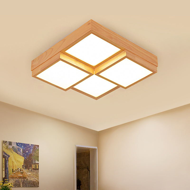 Natural Wood Square Flush Light Modern 4/6/9-Light Wooden LED Ceiling Lamp in Warm/White/Natural Light 4 Wood Clearhalo 'Ceiling Lights' 'Close To Ceiling Lights' 'Close to ceiling' 'Flush mount' Lighting' 1771871