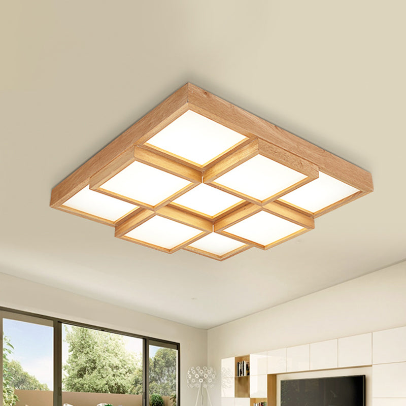 Natural Wood Square Flush Light Modern 4/6/9-Light Wooden LED Ceiling Lamp in Warm/White/Natural Light 9 Wood Clearhalo 'Ceiling Lights' 'Close To Ceiling Lights' 'Close to ceiling' 'Flush mount' Lighting' 1771881