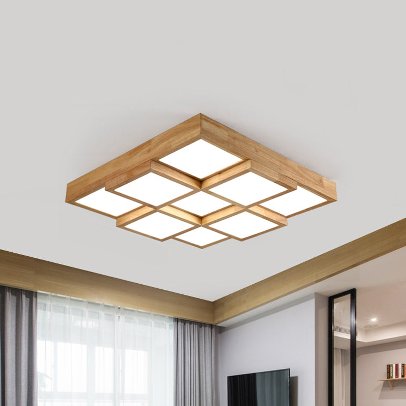 Natural Wood Square Flush Light Modern 4/6/9-Light Wooden LED Ceiling Lamp in Warm/White/Natural Light Clearhalo 'Ceiling Lights' 'Close To Ceiling Lights' 'Close to ceiling' 'Flush mount' Lighting' 1771882