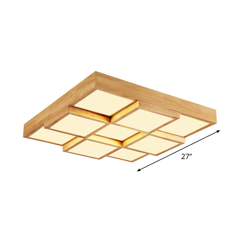 Natural Wood Square Flush Light Modern 4/6/9-Light Wooden LED Ceiling Lamp in Warm/White/Natural Light Clearhalo 'Ceiling Lights' 'Close To Ceiling Lights' 'Close to ceiling' 'Flush mount' Lighting' 1771885