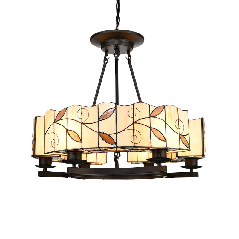 Stained Glass Drum Chandelier with Leaf 6/8 Heads Tiffany Lodge Pendant Light with Adjustable Hanging Light in White Clearhalo 'Ceiling Lights' 'Chandeliers' 'Industrial' 'Middle Century Chandeliers' 'Tiffany Chandeliers' 'Tiffany close to ceiling' 'Tiffany' Lighting' 177293