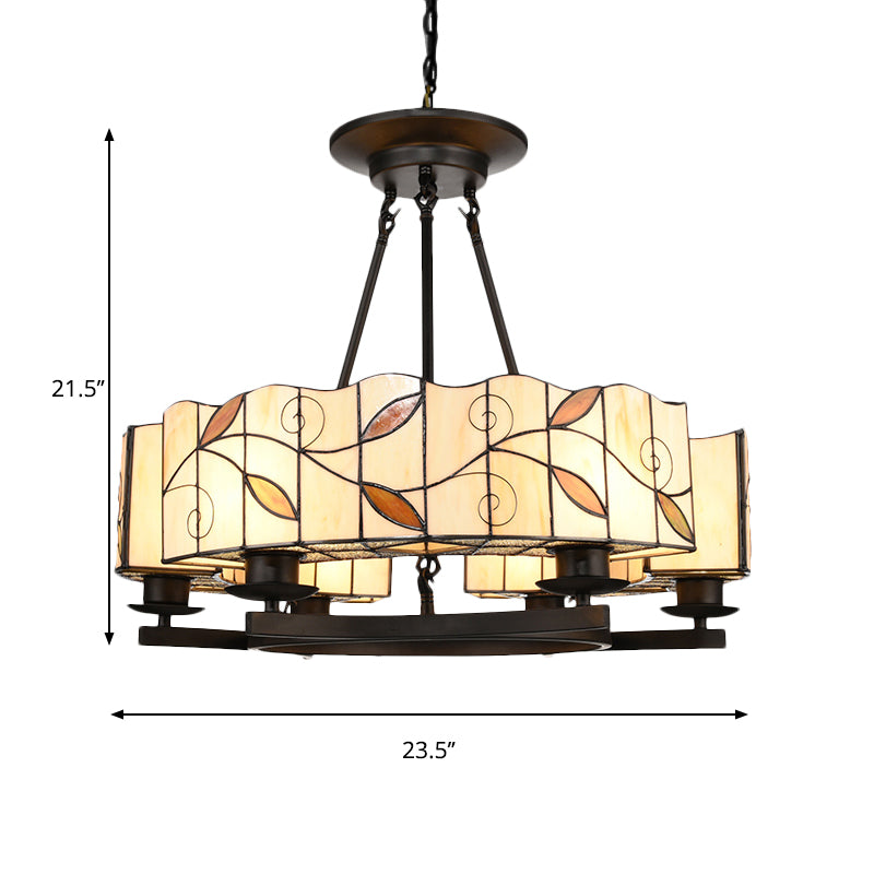 Stained Glass Drum Chandelier with Leaf 6/8 Heads Tiffany Lodge Pendant Light with Adjustable Hanging Light in White Clearhalo 'Ceiling Lights' 'Chandeliers' 'Industrial' 'Middle Century Chandeliers' 'Tiffany Chandeliers' 'Tiffany close to ceiling' 'Tiffany' Lighting' 177294