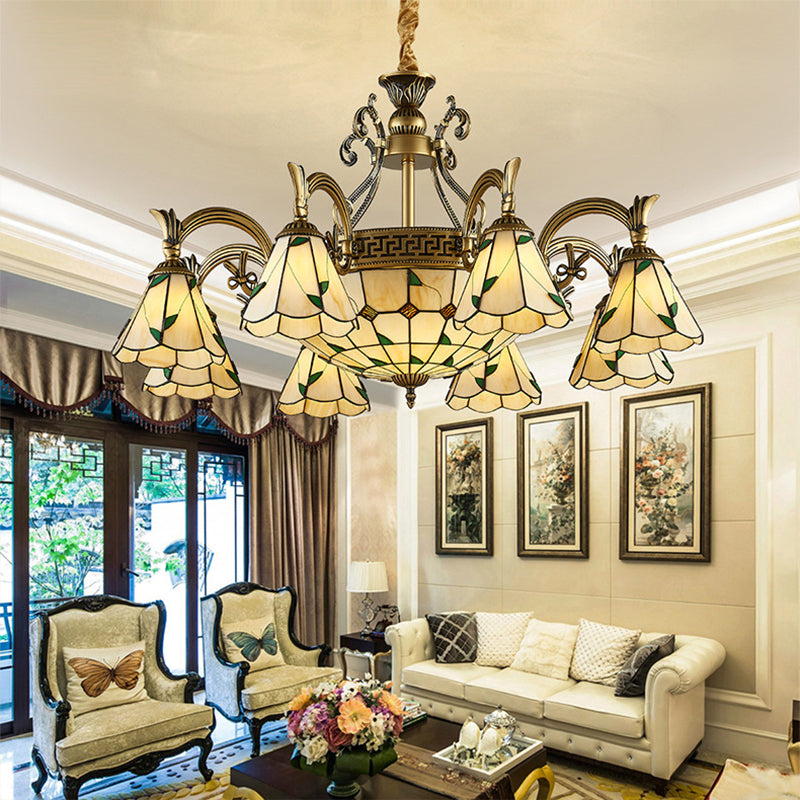 Country Style Dome Pendant Light with Cone Stained Glass 9/11 Lights Chandelier Lamp in Beige Clearhalo 'Ceiling Lights' 'Chandeliers' 'Industrial' 'Middle Century Chandeliers' 'Tiffany Chandeliers' 'Tiffany close to ceiling' 'Tiffany' Lighting' 177349