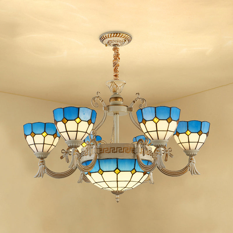 Mediterranean Domed Chandelier Lighting 6/8 Lights Stained Glass Ceiling Lamp Blue for Bedroom Clearhalo 'Ceiling Lights' 'Chandeliers' 'Industrial' 'Middle Century Chandeliers' 'Tiffany Chandeliers' 'Tiffany close to ceiling' 'Tiffany' Lighting' 177377