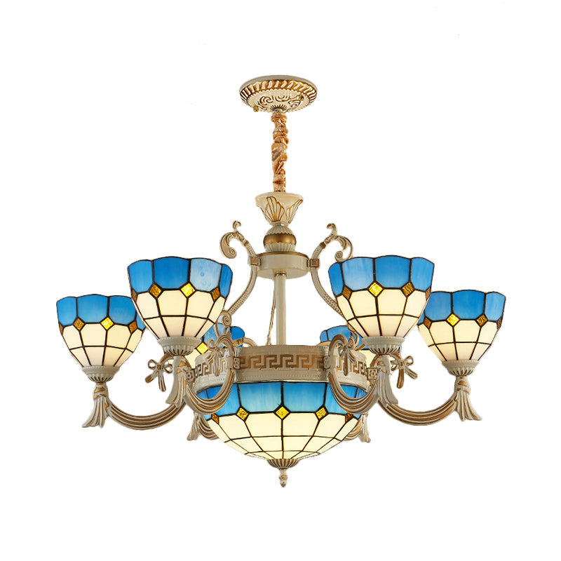 Mediterranean Domed Chandelier Lighting 6/8 Lights Stained Glass Ceiling Lamp Blue for Bedroom Clearhalo 'Ceiling Lights' 'Chandeliers' 'Industrial' 'Middle Century Chandeliers' 'Tiffany Chandeliers' 'Tiffany close to ceiling' 'Tiffany' Lighting' 177378