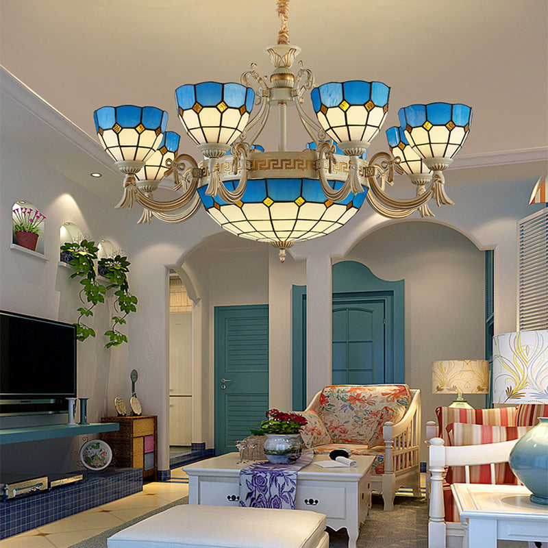 Mediterranean Domed Chandelier Lighting 6/8 Lights Stained Glass Ceiling Lamp Blue for Bedroom Clearhalo 'Ceiling Lights' 'Chandeliers' 'Industrial' 'Middle Century Chandeliers' 'Tiffany Chandeliers' 'Tiffany close to ceiling' 'Tiffany' Lighting' 177381