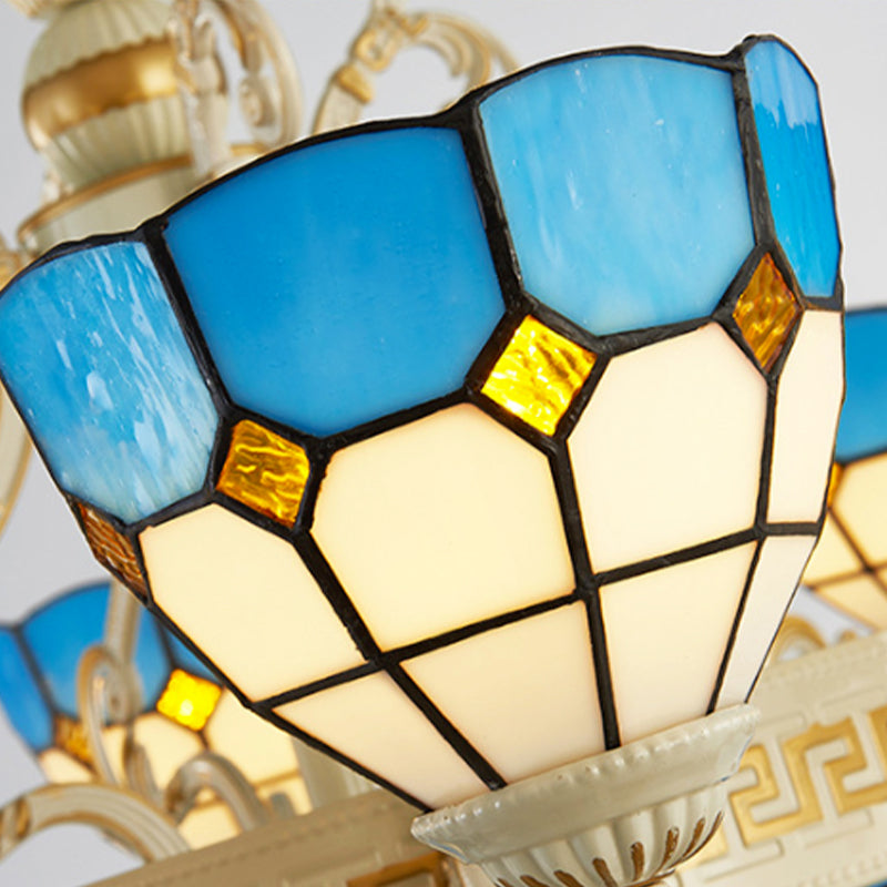 Mediterranean Domed Chandelier Lighting 6/8 Lights Stained Glass Ceiling Lamp Blue for Bedroom Clearhalo 'Ceiling Lights' 'Chandeliers' 'Industrial' 'Middle Century Chandeliers' 'Tiffany Chandeliers' 'Tiffany close to ceiling' 'Tiffany' Lighting' 177385