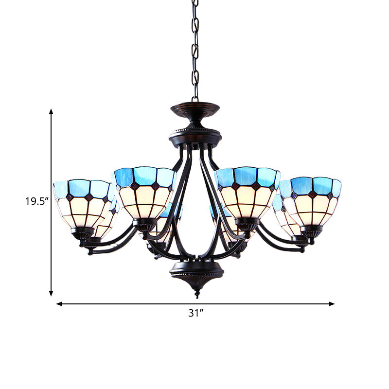 6/8 Lights Upward Chandelier Light with Bowl Shade Stained Glass Tiffany Pendant Light in Blue Clearhalo 'Ceiling Lights' 'Chandeliers' 'Industrial' 'Middle Century Chandeliers' 'Tiffany Chandeliers' 'Tiffany close to ceiling' 'Tiffany' Lighting' 177398