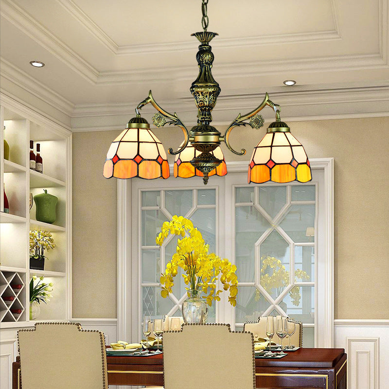 3/5/9/11 Lights Vintage Semi Globe Hanging Ceiling Light Stained Glass Indoor Lighting in Yellow for Library Clearhalo 'Ceiling Lights' 'Chandeliers' 'Close To Ceiling Lights' 'Industrial' 'Middle Century Chandeliers' 'Tiffany Chandeliers' 'Tiffany close to ceiling' 'Tiffany' Lighting' 177444