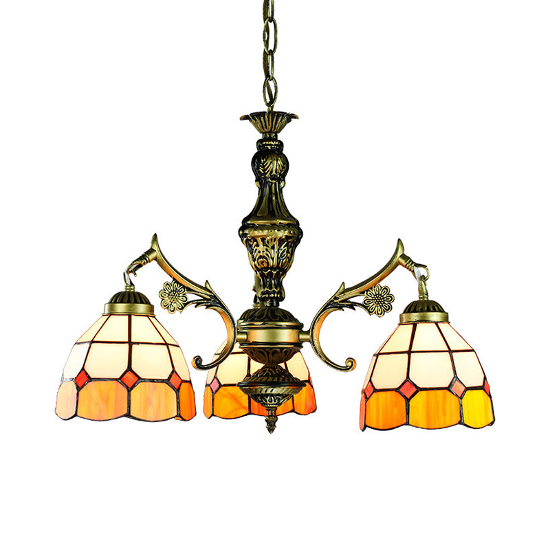 3/5/9/11 Lights Vintage Semi Globe Hanging Ceiling Light Stained Glass Indoor Lighting in Yellow for Library Clearhalo 'Ceiling Lights' 'Chandeliers' 'Close To Ceiling Lights' 'Industrial' 'Middle Century Chandeliers' 'Tiffany Chandeliers' 'Tiffany close to ceiling' 'Tiffany' Lighting' 177445