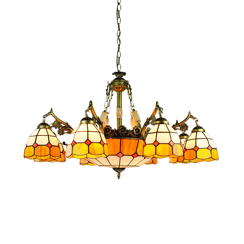 3/5/9/11 Lights Vintage Semi Globe Hanging Ceiling Light Stained Glass Indoor Lighting in Yellow for Library Clearhalo 'Ceiling Lights' 'Chandeliers' 'Close To Ceiling Lights' 'Industrial' 'Middle Century Chandeliers' 'Tiffany Chandeliers' 'Tiffany close to ceiling' 'Tiffany' Lighting' 177449