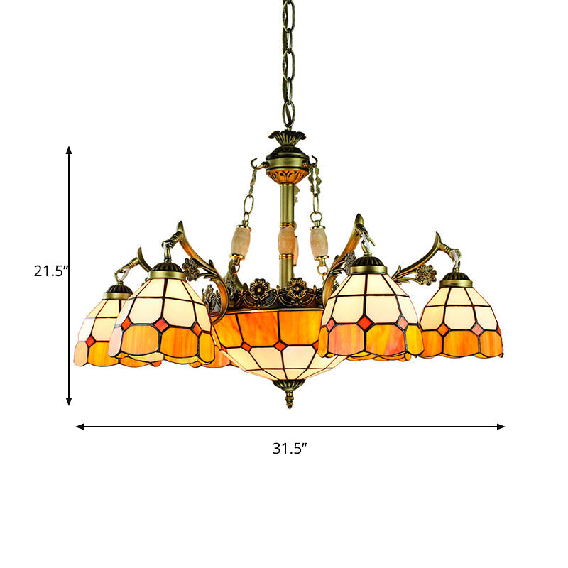 3/5/9/11 Lights Vintage Semi Globe Hanging Ceiling Light Stained Glass Indoor Lighting in Yellow for Library Clearhalo 'Ceiling Lights' 'Chandeliers' 'Close To Ceiling Lights' 'Industrial' 'Middle Century Chandeliers' 'Tiffany Chandeliers' 'Tiffany close to ceiling' 'Tiffany' Lighting' 177456