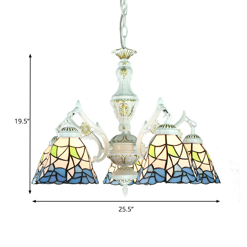 5 Lights Tiffany Flower/Square/Gem/Diamond Chandelier Light Stained Glass Indoor Lighting for Foyer with Adjustable Chain in Blue Clearhalo 'Ceiling Lights' 'Chandeliers' 'Industrial' 'Middle Century Chandeliers' 'Tiffany Chandeliers' 'Tiffany close to ceiling' 'Tiffany' Lighting' 177537