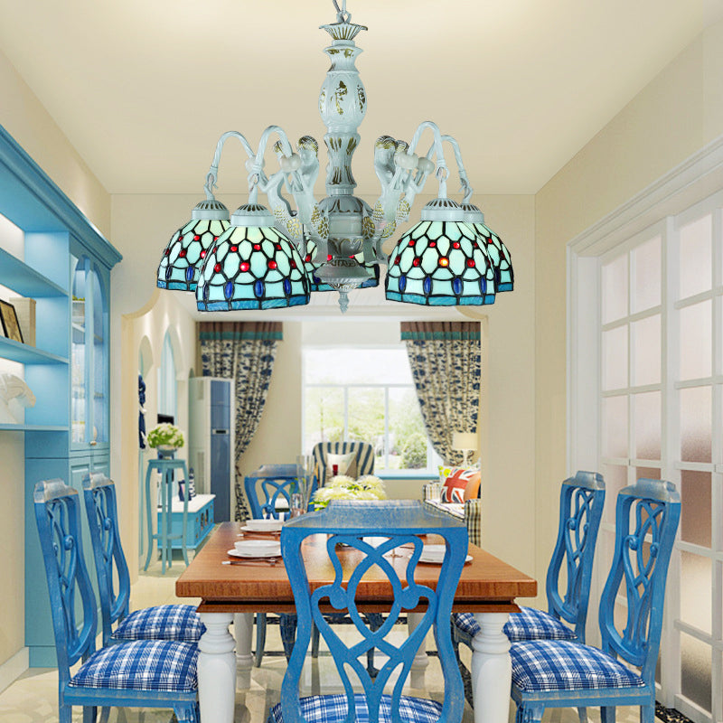 Stained Glass Mediterranean/Wire Mesh/Flower/Gem Hanging Chandelier Tiffany 5 Lights Blue Pendant Light Clearhalo 'Ceiling Lights' 'Chandeliers' 'Industrial' 'Middle Century Chandeliers' 'Tiffany Chandeliers' 'Tiffany close to ceiling' 'Tiffany' Lighting' 177665