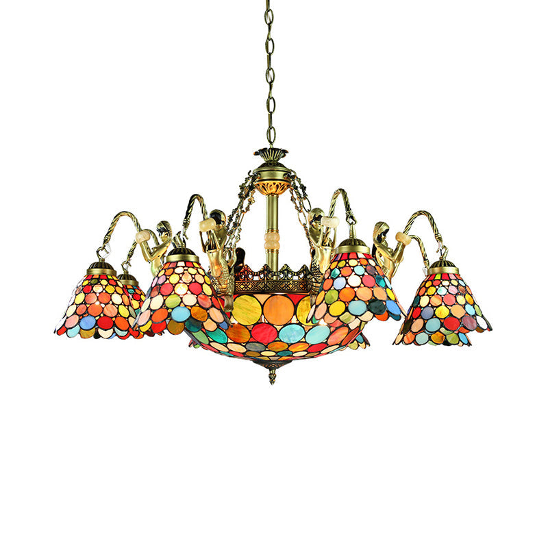 Antique Bronze Conical Pendant Light Tiffany 9/11 Lights Stained Glass Chandelier Lamp Clearhalo 'Ceiling Lights' 'Chandeliers' 'Industrial' 'Middle Century Chandeliers' 'Tiffany Chandeliers' 'Tiffany close to ceiling' 'Tiffany' Lighting' 177713