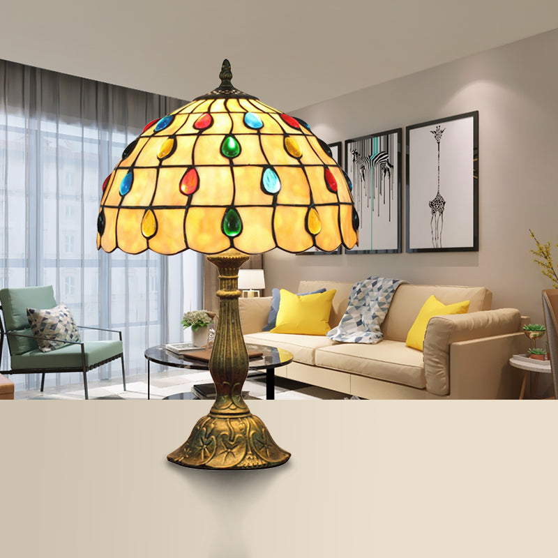 12"/8" Wide Shell Umbrella Desk Lamp with Teardrop Jewelry Classic Tiffany Table Light in Beige for Bedroom Beige 12" Clearhalo 'Lamps' 'Table Lamps' Lighting' 177780
