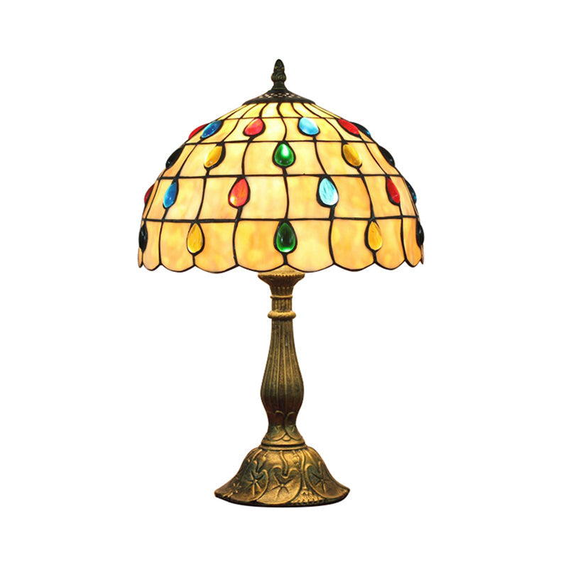 12"/8" Wide Shell Umbrella Desk Lamp with Teardrop Jewelry Classic Tiffany Table Light in Beige for Bedroom Clearhalo 'Lamps' 'Table Lamps' Lighting' 177782