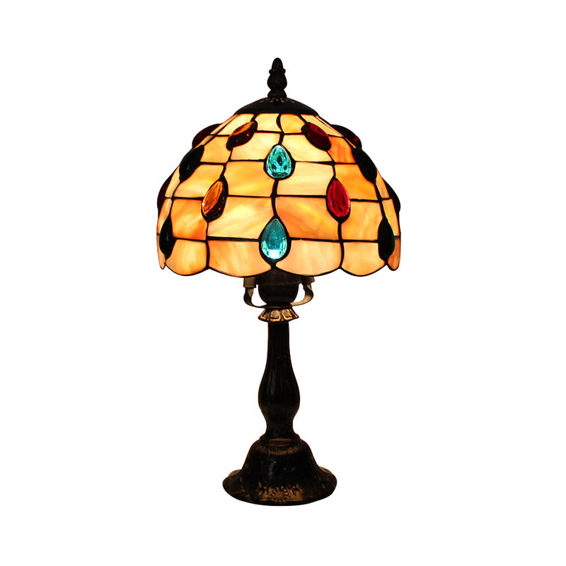 12"/8" Wide Shell Umbrella Desk Lamp with Teardrop Jewelry Classic Tiffany Table Light in Beige for Bedroom Clearhalo 'Lamps' 'Table Lamps' Lighting' 177785