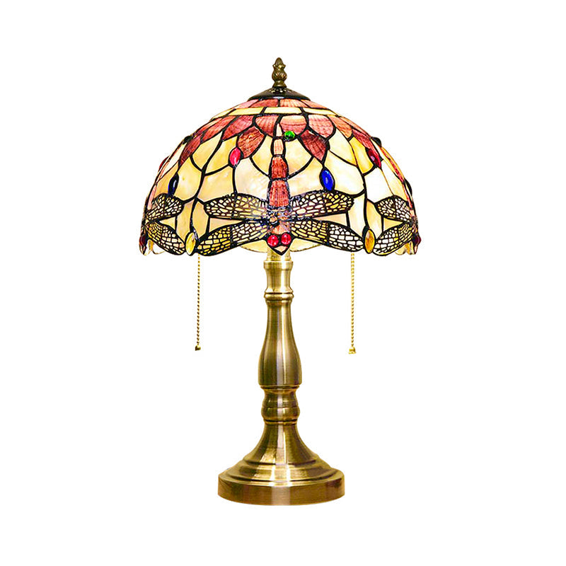 Antique Tiffany Dome Desk Light with Blue Flower/Dragonfly/Butterfly 2 Lights Stained Glass Table Light for Bedroom Clearhalo 'Lamps' 'Table Lamps' Lighting' 177879