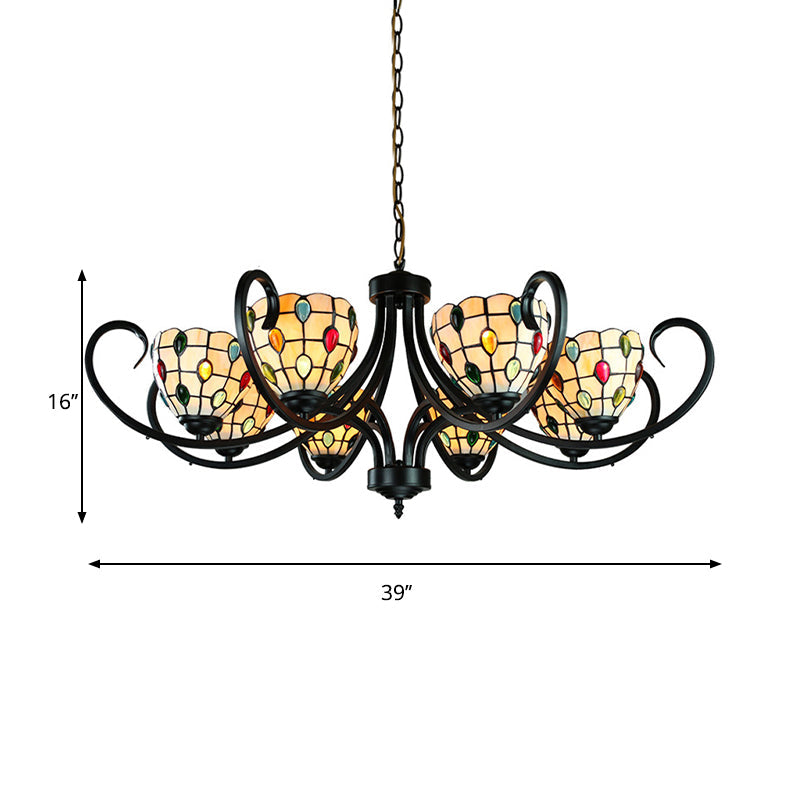 Tiffany Beaded Chandelier Lighting Stained Glass 5/6/8 Lights Indoor Pendant Lighting in Beige for Living Room Clearhalo 'Ceiling Lights' 'Chandeliers' 'Industrial' 'Middle Century Chandeliers' 'Tiffany Chandeliers' 'Tiffany close to ceiling' 'Tiffany' Lighting' 177956