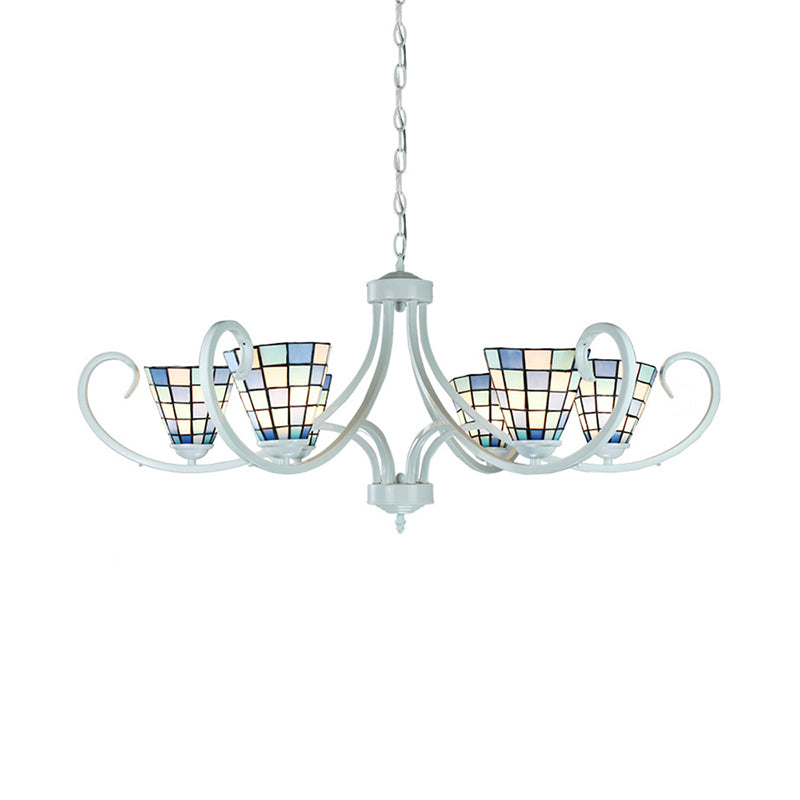 5/6/8 Lights Cone Ceiling Chandelier with Curved Arm Stained Glass Tiffany Indoor Pendant Light Clearhalo 'Ceiling Lights' 'Chandeliers' 'Industrial' 'Middle Century Chandeliers' 'Tiffany Chandeliers' 'Tiffany close to ceiling' 'Tiffany' Lighting' 177966