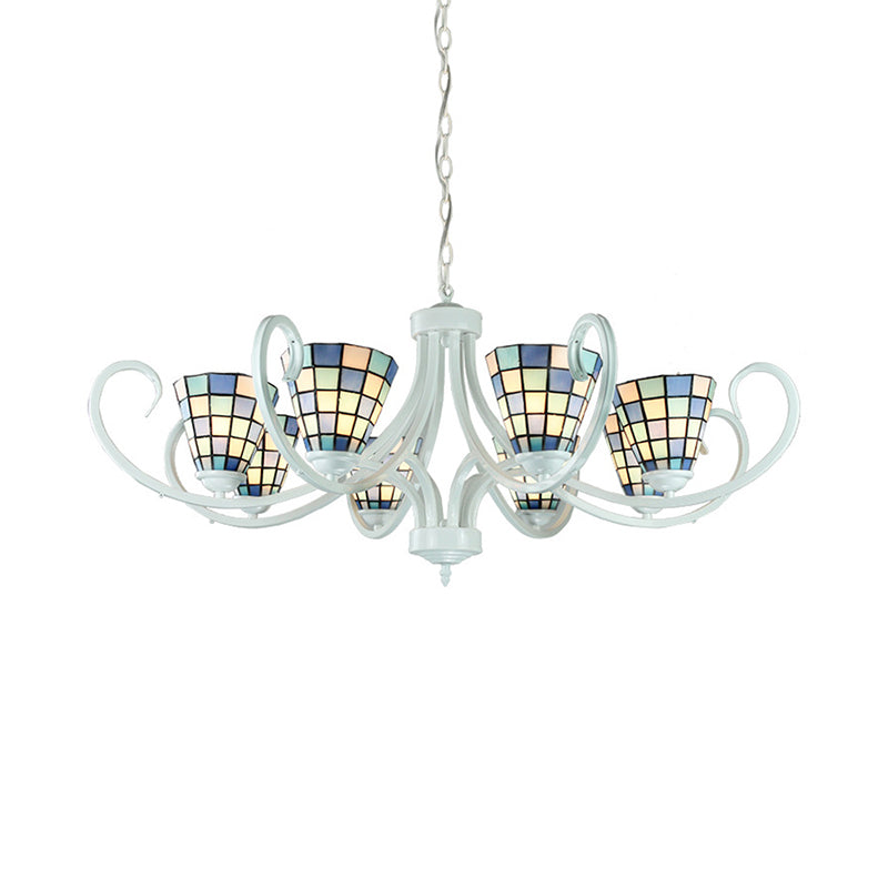5/6/8 Lights Cone Ceiling Chandelier with Curved Arm Stained Glass Tiffany Indoor Pendant Light Clearhalo 'Ceiling Lights' 'Chandeliers' 'Industrial' 'Middle Century Chandeliers' 'Tiffany Chandeliers' 'Tiffany close to ceiling' 'Tiffany' Lighting' 177969