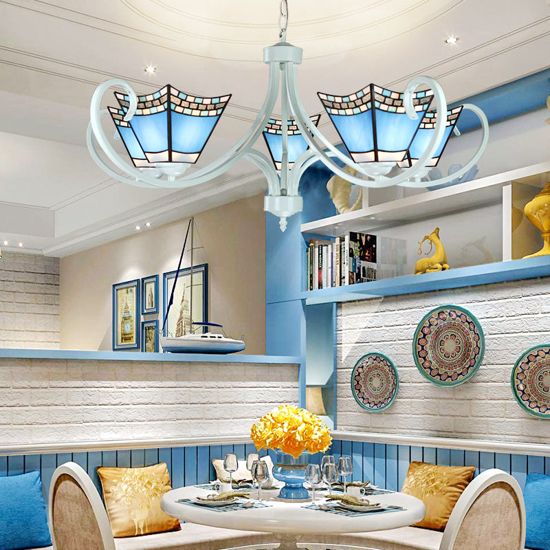 Nautical Pyramid Chandelier Light 5/6/8 Lights Blue Glass Pendant Lighting in White Finish for Living Room Clearhalo 'Ceiling Lights' 'Chandeliers' 'Close To Ceiling Lights' 'Industrial' 'Middle Century Chandeliers' 'Tiffany Chandeliers' 'Tiffany close to ceiling' 'Tiffany' Lighting' 178016