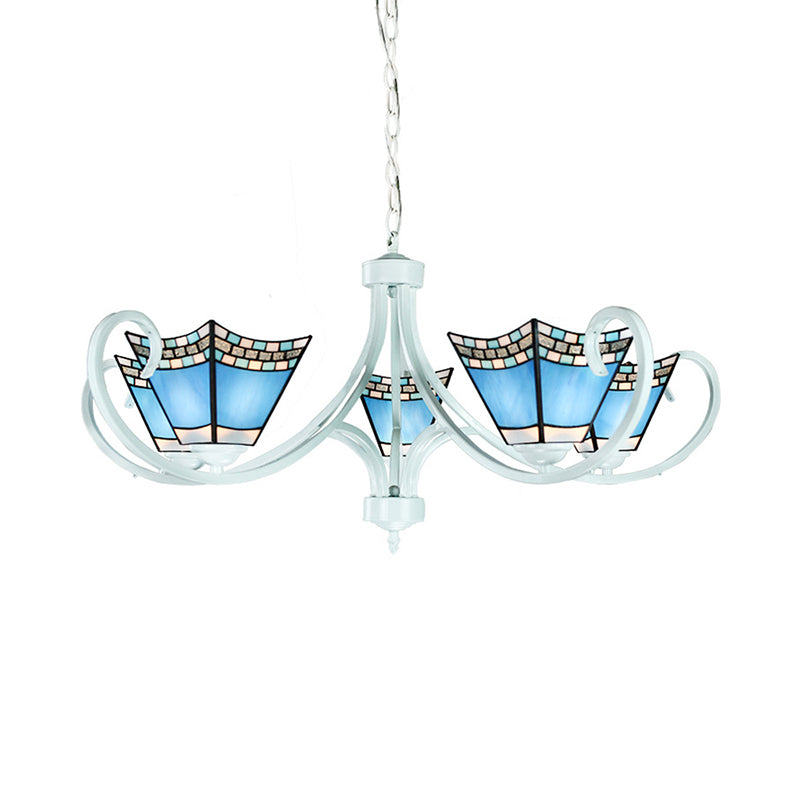 Nautical Pyramid Chandelier Light 5/6/8 Lights Blue Glass Pendant Lighting in White Finish for Living Room Clearhalo 'Ceiling Lights' 'Chandeliers' 'Close To Ceiling Lights' 'Industrial' 'Middle Century Chandeliers' 'Tiffany Chandeliers' 'Tiffany close to ceiling' 'Tiffany' Lighting' 178017